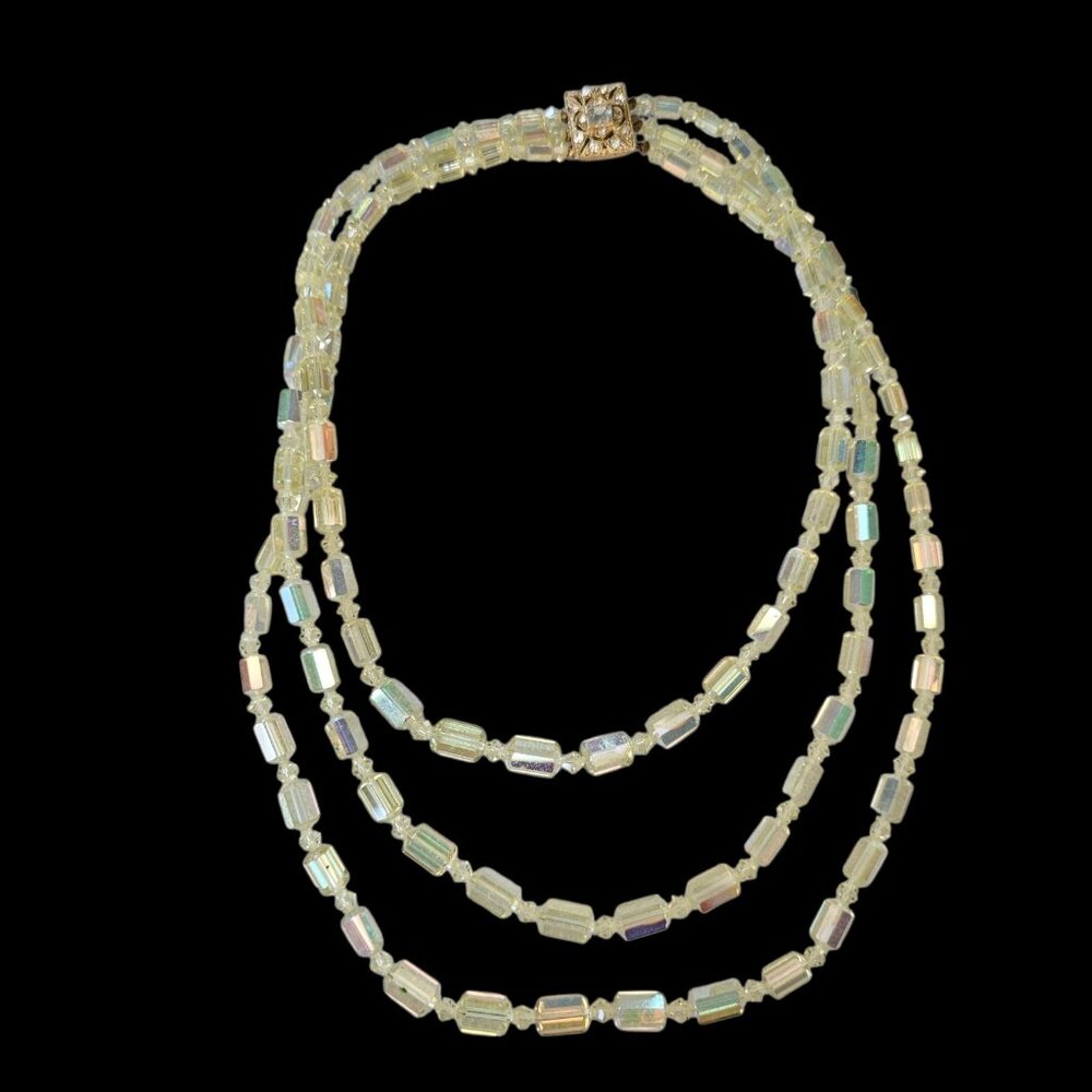 Vtg 50s Yellow Green Aurora Borealis Crystal Necklace 3 Strand Art Deco Style 18